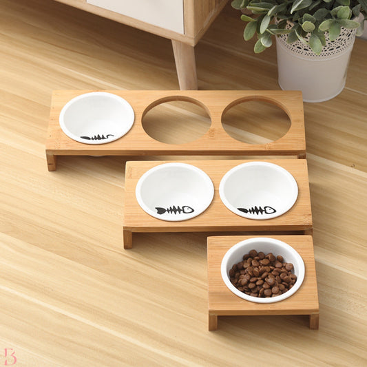 竹製寵物餐桌與陶瓷碗 (B-028)